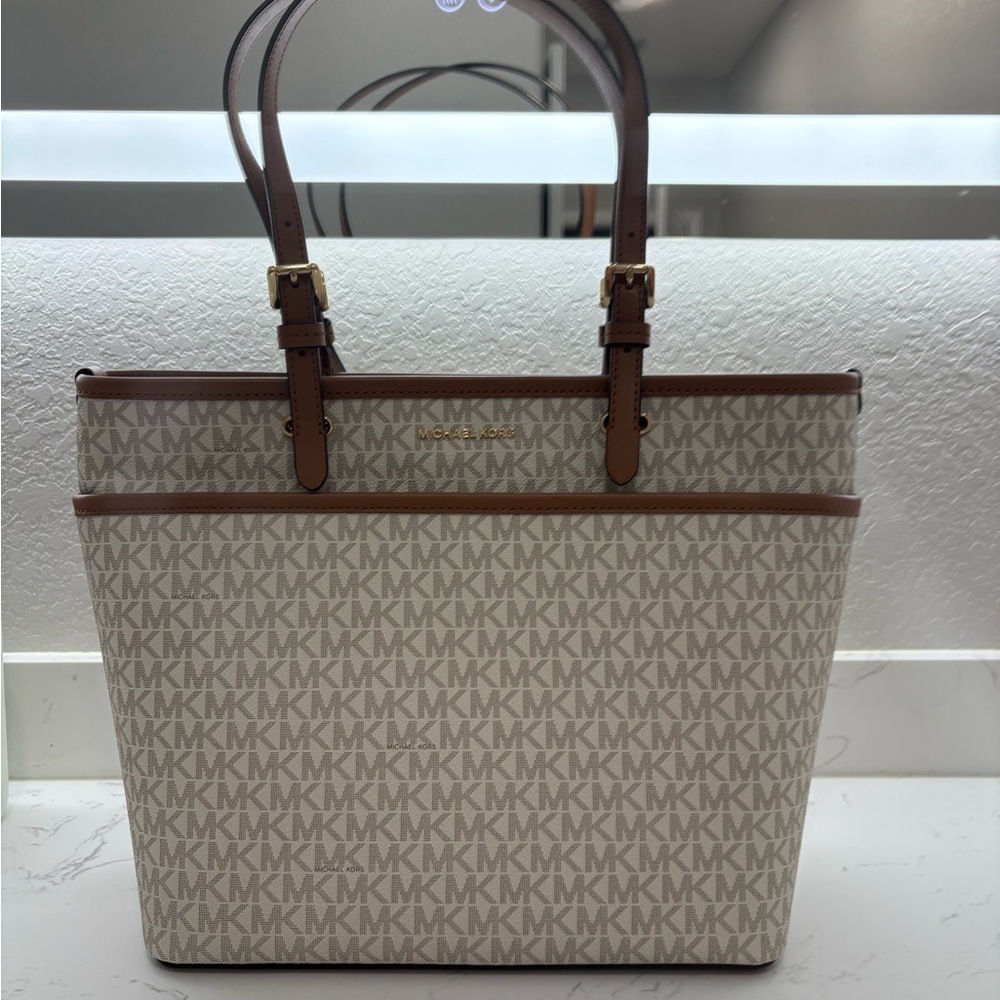 NWT Michael Kors Cream Signature MK Canvas Tote with Brown Trim